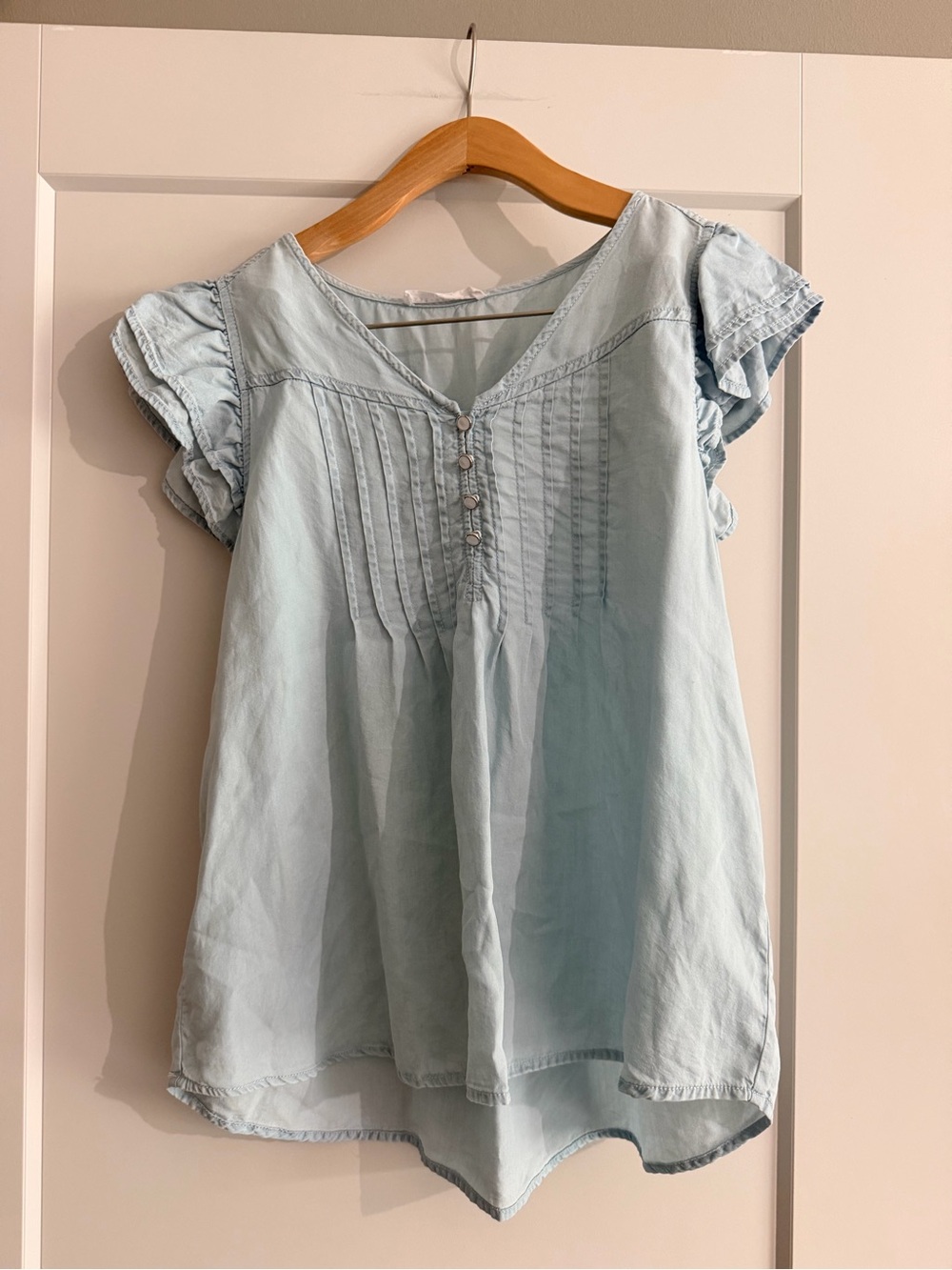 Jane and Delancey Light Blue Pintuck Ruffle Sleeve Blouse